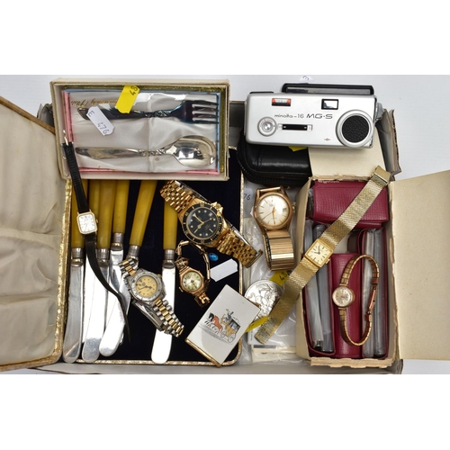 48 - A BOX OF ASSORTED ITEMS, to include a ladies yellow metal wristwatch, AF round discoloured silver di... 