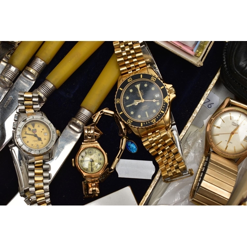 48 - A BOX OF ASSORTED ITEMS, to include a ladies yellow metal wristwatch, AF round discoloured silver di... 