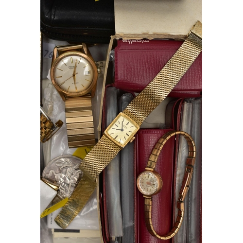 48 - A BOX OF ASSORTED ITEMS, to include a ladies yellow metal wristwatch, AF round discoloured silver di... 