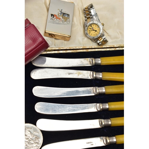 48 - A BOX OF ASSORTED ITEMS, to include a ladies yellow metal wristwatch, AF round discoloured silver di... 