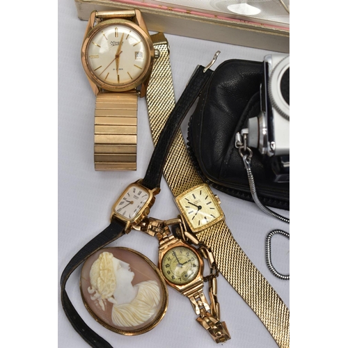 48 - A BOX OF ASSORTED ITEMS, to include a ladies yellow metal wristwatch, AF round discoloured silver di... 