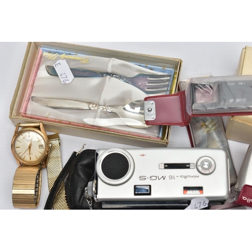 48 - A BOX OF ASSORTED ITEMS, to include a ladies yellow metal wristwatch, AF round discoloured silver di... 