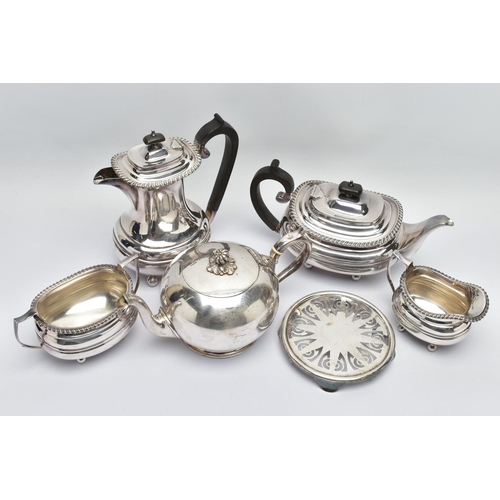 54 - A WHITE METAL TEA AND COFFEE SET, a white metal tea pot, coffee pot, milk jug and sugar bowl, detail... 