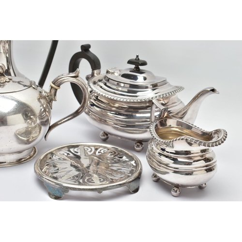 54 - A WHITE METAL TEA AND COFFEE SET, a white metal tea pot, coffee pot, milk jug and sugar bowl, detail... 