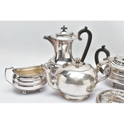 54 - A WHITE METAL TEA AND COFFEE SET, a white metal tea pot, coffee pot, milk jug and sugar bowl, detail... 