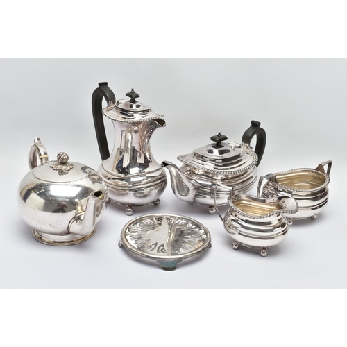 54 - A WHITE METAL TEA AND COFFEE SET, a white metal tea pot, coffee pot, milk jug and sugar bowl, detail... 