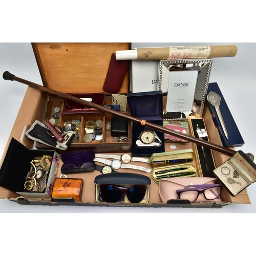 58 - A BOX OF ASSORTED ITEMS, to include a wooden walking stick fitted with a white metal pommel, a boxed... 