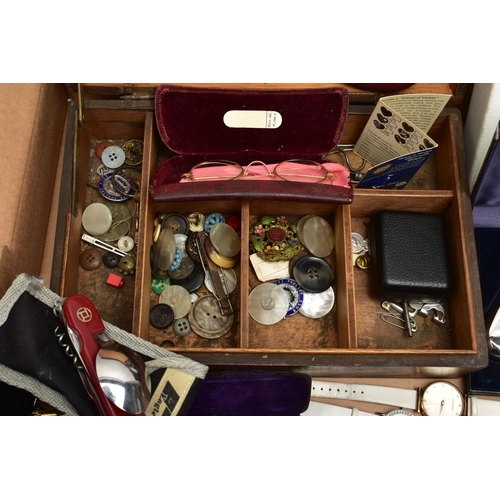 58 - A BOX OF ASSORTED ITEMS, to include a wooden walking stick fitted with a white metal pommel, a boxed... 