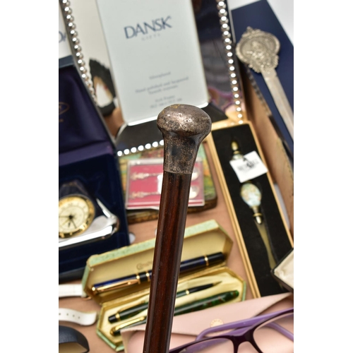 58 - A BOX OF ASSORTED ITEMS, to include a wooden walking stick fitted with a white metal pommel, a boxed... 