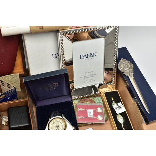 58 - A BOX OF ASSORTED ITEMS, to include a wooden walking stick fitted with a white metal pommel, a boxed... 