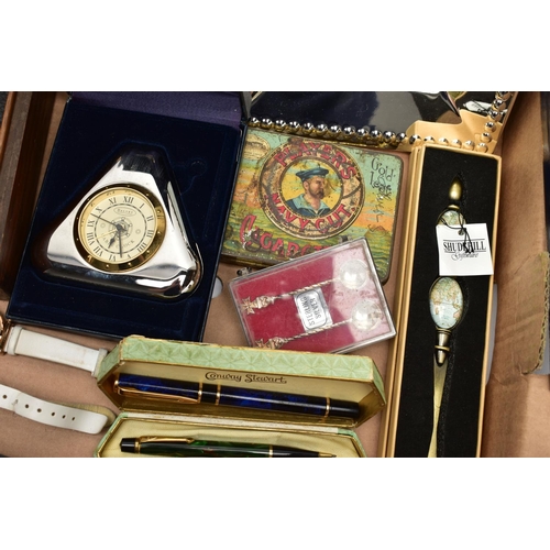 58 - A BOX OF ASSORTED ITEMS, to include a wooden walking stick fitted with a white metal pommel, a boxed... 