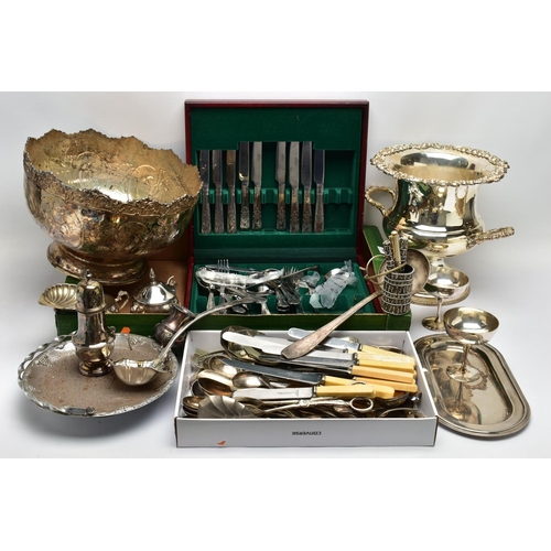 61 - A BOX OF ASSORTED WHITE METAL TABLEWARE, to include a large floral detailed punch bowl, a large vase... 
