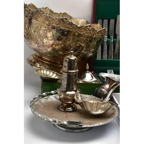 61 - A BOX OF ASSORTED WHITE METAL TABLEWARE, to include a large floral detailed punch bowl, a large vase... 