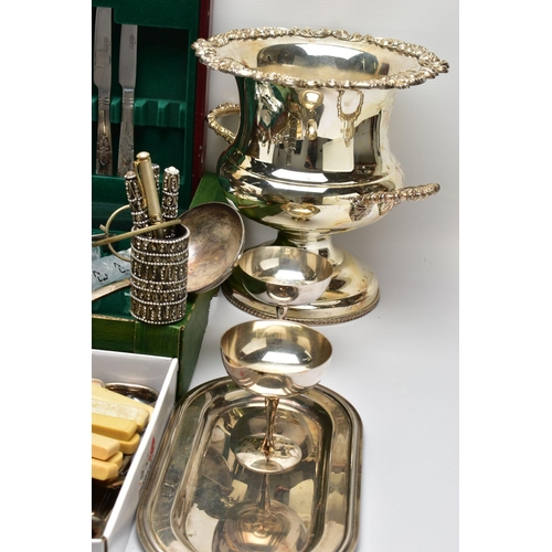 61 - A BOX OF ASSORTED WHITE METAL TABLEWARE, to include a large floral detailed punch bowl, a large vase... 