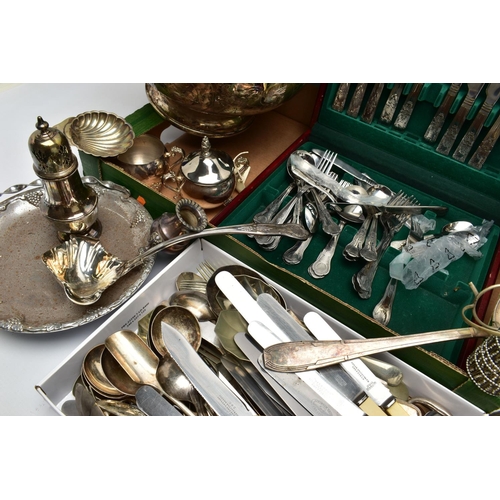 61 - A BOX OF ASSORTED WHITE METAL TABLEWARE, to include a large floral detailed punch bowl, a large vase... 