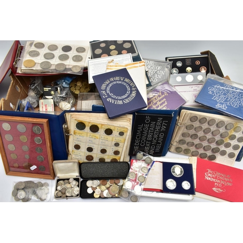 64 - TWO BOXES OF UK AND WORLD COINS SOME LOOSE AND SOME IN THREE ALBUMS, to include a George III crown 1... 