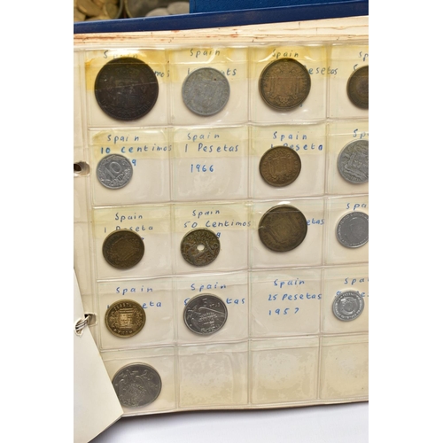 64 - TWO BOXES OF UK AND WORLD COINS SOME LOOSE AND SOME IN THREE ALBUMS, to include a George III crown 1... 