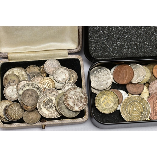 64 - TWO BOXES OF UK AND WORLD COINS SOME LOOSE AND SOME IN THREE ALBUMS, to include a George III crown 1... 