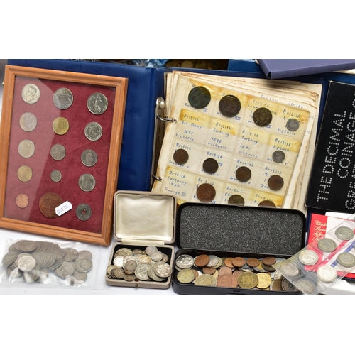 64 - TWO BOXES OF UK AND WORLD COINS SOME LOOSE AND SOME IN THREE ALBUMS, to include a George III crown 1... 