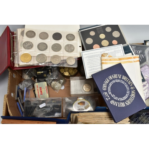 64 - TWO BOXES OF UK AND WORLD COINS SOME LOOSE AND SOME IN THREE ALBUMS, to include a George III crown 1... 