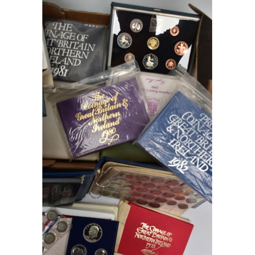 64 - TWO BOXES OF UK AND WORLD COINS SOME LOOSE AND SOME IN THREE ALBUMS, to include a George III crown 1... 