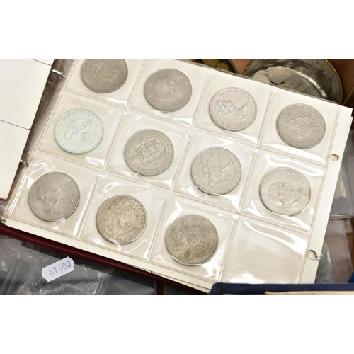 64 - TWO BOXES OF UK AND WORLD COINS SOME LOOSE AND SOME IN THREE ALBUMS, to include a George III crown 1... 