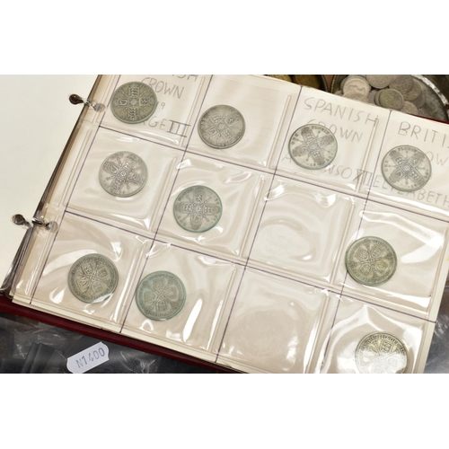 64 - TWO BOXES OF UK AND WORLD COINS SOME LOOSE AND SOME IN THREE ALBUMS, to include a George III crown 1... 