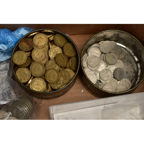 64 - TWO BOXES OF UK AND WORLD COINS SOME LOOSE AND SOME IN THREE ALBUMS, to include a George III crown 1... 