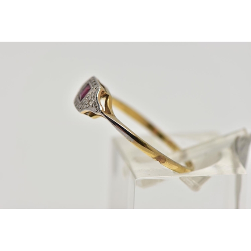 71 - A YELLOW METAL RUBY AND DIAMOND RING, art deco style ring set with a square cut ruby, flanked with s... 
