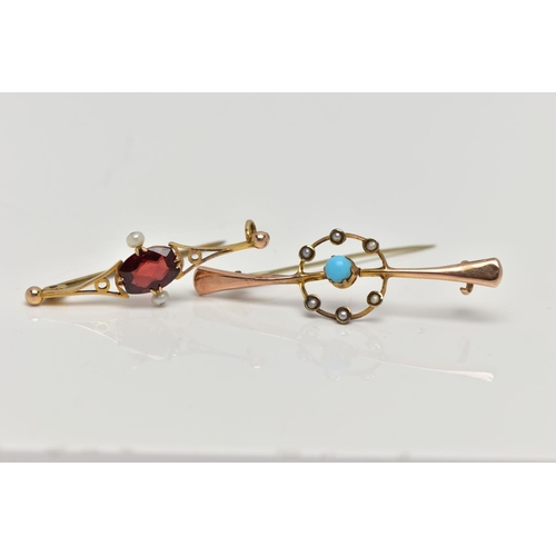 73 - TWO YELLOW METAL BAR BROOCHES, the first set with a central turquoise cabochon, within an openwork c... 