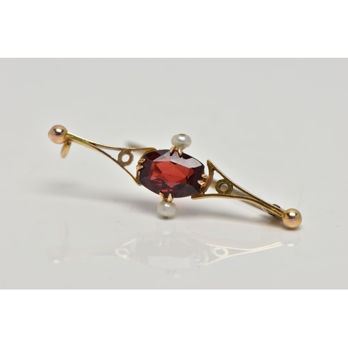 73 - TWO YELLOW METAL BAR BROOCHES, the first set with a central turquoise cabochon, within an openwork c... 