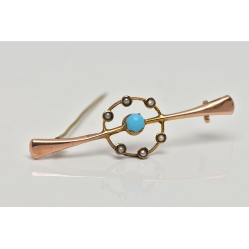 73 - TWO YELLOW METAL BAR BROOCHES, the first set with a central turquoise cabochon, within an openwork c... 