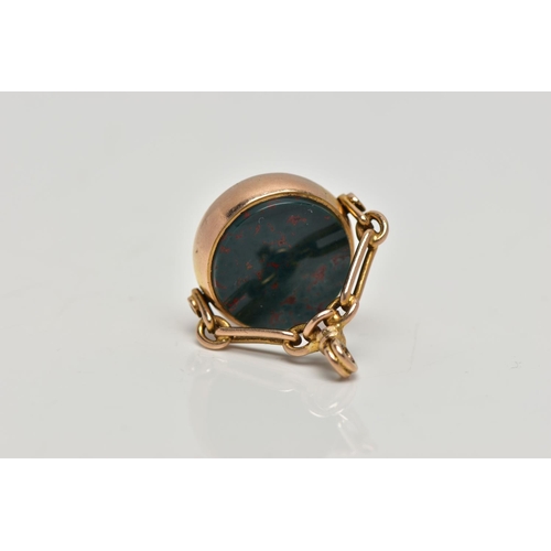 76 - A 9CT GOLD SWIVEL FOB, circular double swivel fob set with carnelian and bloodstone, collet mount ha... 
