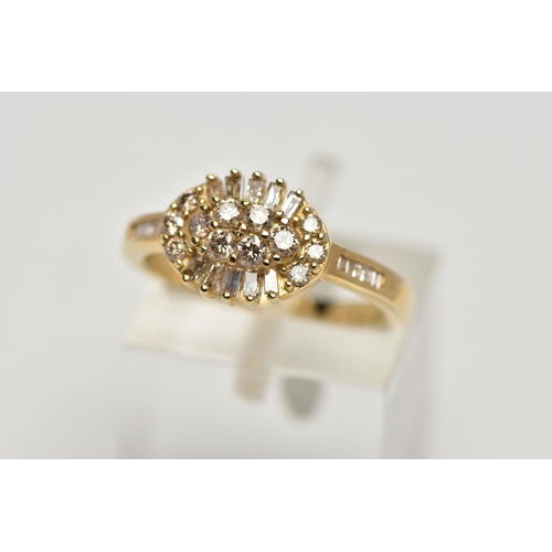 77 - A 9CT GOLD DIAMOND RING, cluster design of an oval form, set with round brilliant cut and rectangula... 