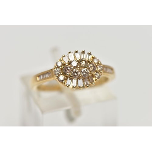77 - A 9CT GOLD DIAMOND RING, cluster design of an oval form, set with round brilliant cut and rectangula... 