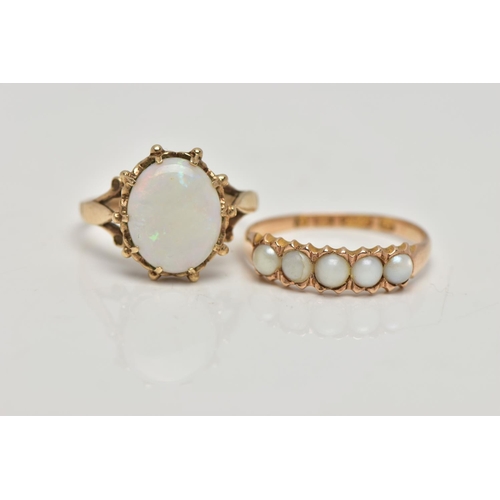 78 - TWO GEM SET RINGS, the first designed with a row of five graduated split pearls, wavy edge detail le... 