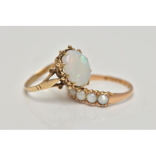 78 - TWO GEM SET RINGS, the first designed with a row of five graduated split pearls, wavy edge detail le... 
