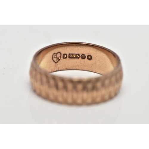 8 - A 9CT GOLD WIDE BAND RING, textured wide band, approximate width 6.4mm, hallmarked 9ct London, ring ... 
