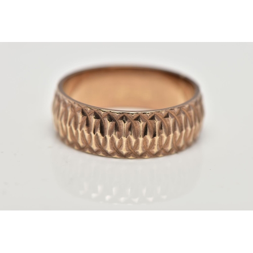 8 - A 9CT GOLD WIDE BAND RING, textured wide band, approximate width 6.4mm, hallmarked 9ct London, ring ... 