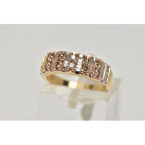 84 - A 9CT GOLD, DIAMOND HALF ETERNITY RING, designed with five sections each set with two brown round br... 