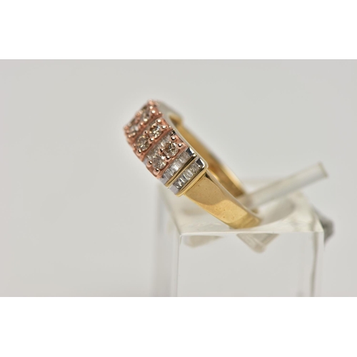 84 - A 9CT GOLD, DIAMOND HALF ETERNITY RING, designed with five sections each set with two brown round br... 