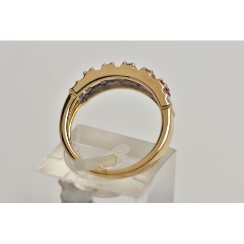 84 - A 9CT GOLD, DIAMOND HALF ETERNITY RING, designed with five sections each set with two brown round br... 