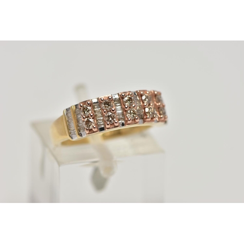 84 - A 9CT GOLD, DIAMOND HALF ETERNITY RING, designed with five sections each set with two brown round br... 