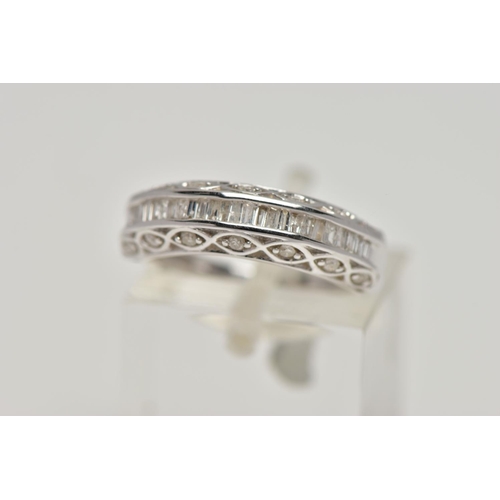 88 - A 9CT WHITE GOLD DIAMOND HALF ETERNITY RING, designed with a central row of rectangular cut diamonds... 