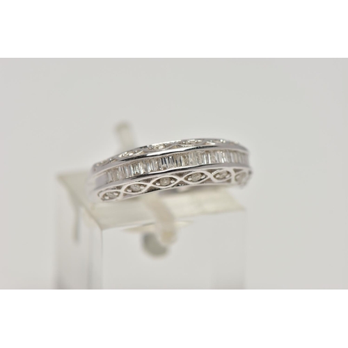 88 - A 9CT WHITE GOLD DIAMOND HALF ETERNITY RING, designed with a central row of rectangular cut diamonds... 