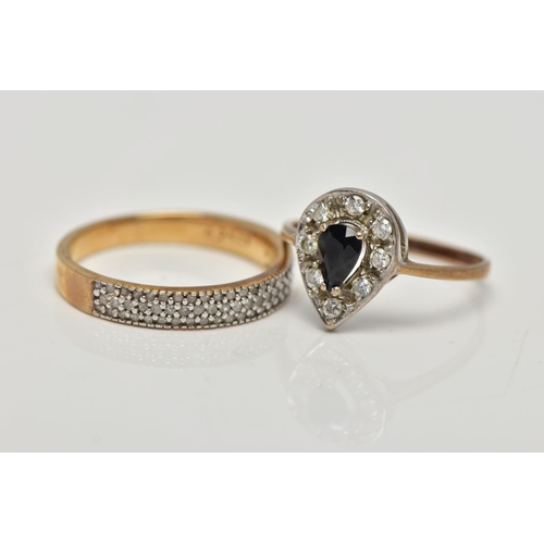 91 - TWO GEM SET RINGS, the first a pear shape cluster set centrally with a four claw pear cut deep blue ... 