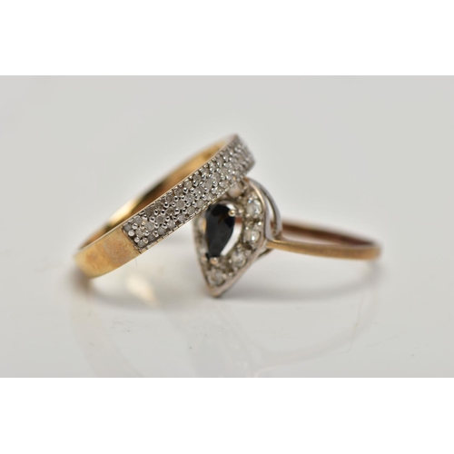 91 - TWO GEM SET RINGS, the first a pear shape cluster set centrally with a four claw pear cut deep blue ... 