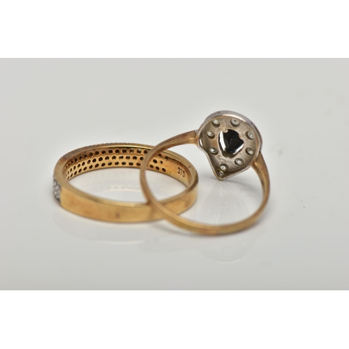 91 - TWO GEM SET RINGS, the first a pear shape cluster set centrally with a four claw pear cut deep blue ... 