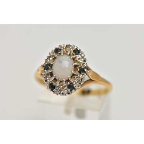 92 - AN 18CT GOLD, OPAL, SAPPHIRE AND DIAMOND CLUSTER RING, of an oval form centring on a twelve claw set... 