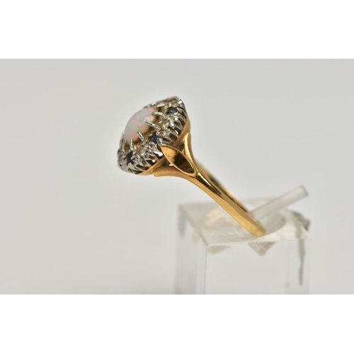 92 - AN 18CT GOLD, OPAL, SAPPHIRE AND DIAMOND CLUSTER RING, of an oval form centring on a twelve claw set... 